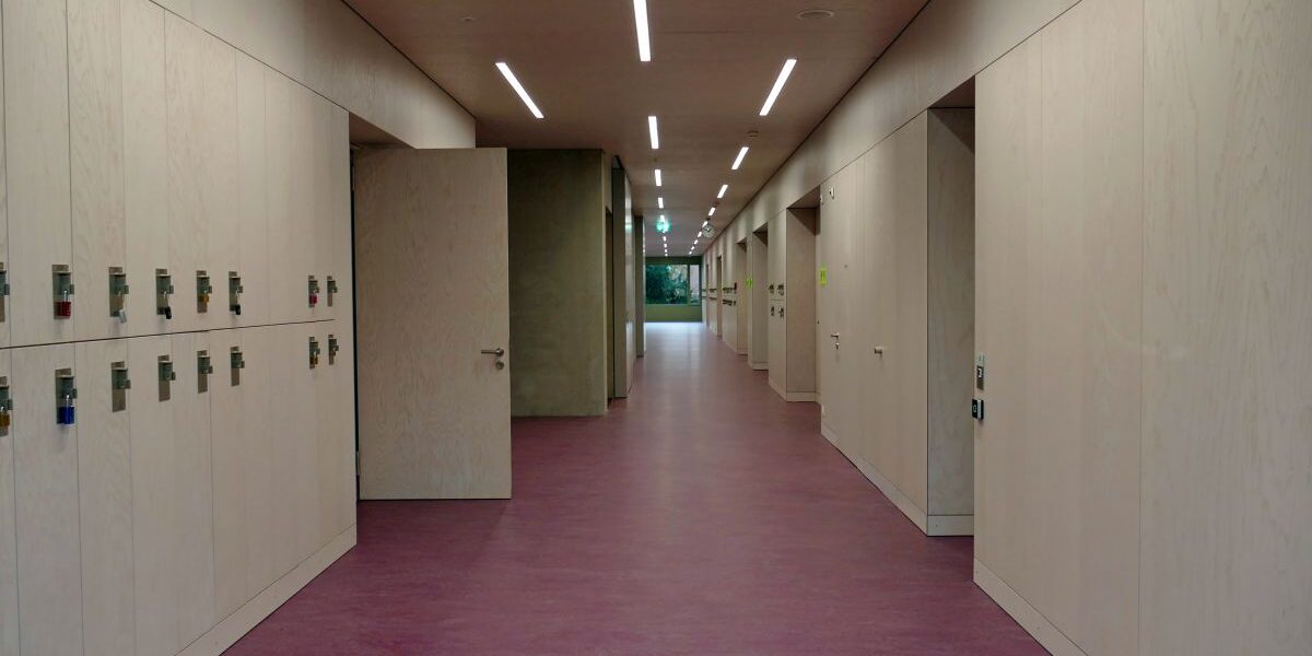 Das edle Furnier entfaltet – kombiniert mit farbigen Akzenten – eine helle und freundliche Anmutung: Hier lässt es sich gut lernen. Fotos: Roser AG